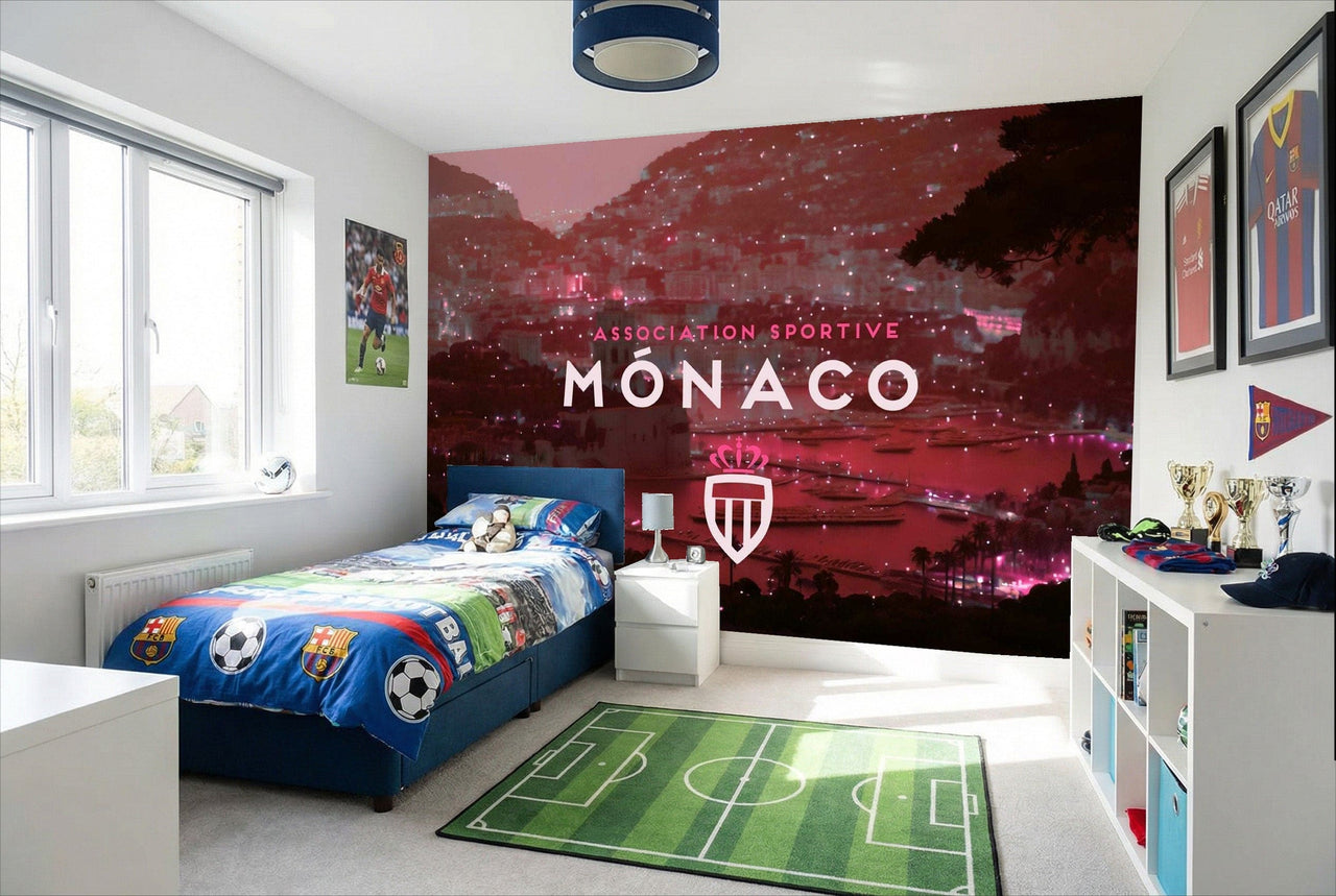 Papier peint football as monaco avec un mural rouge noir et texte association sportive pour déco fans de foot
