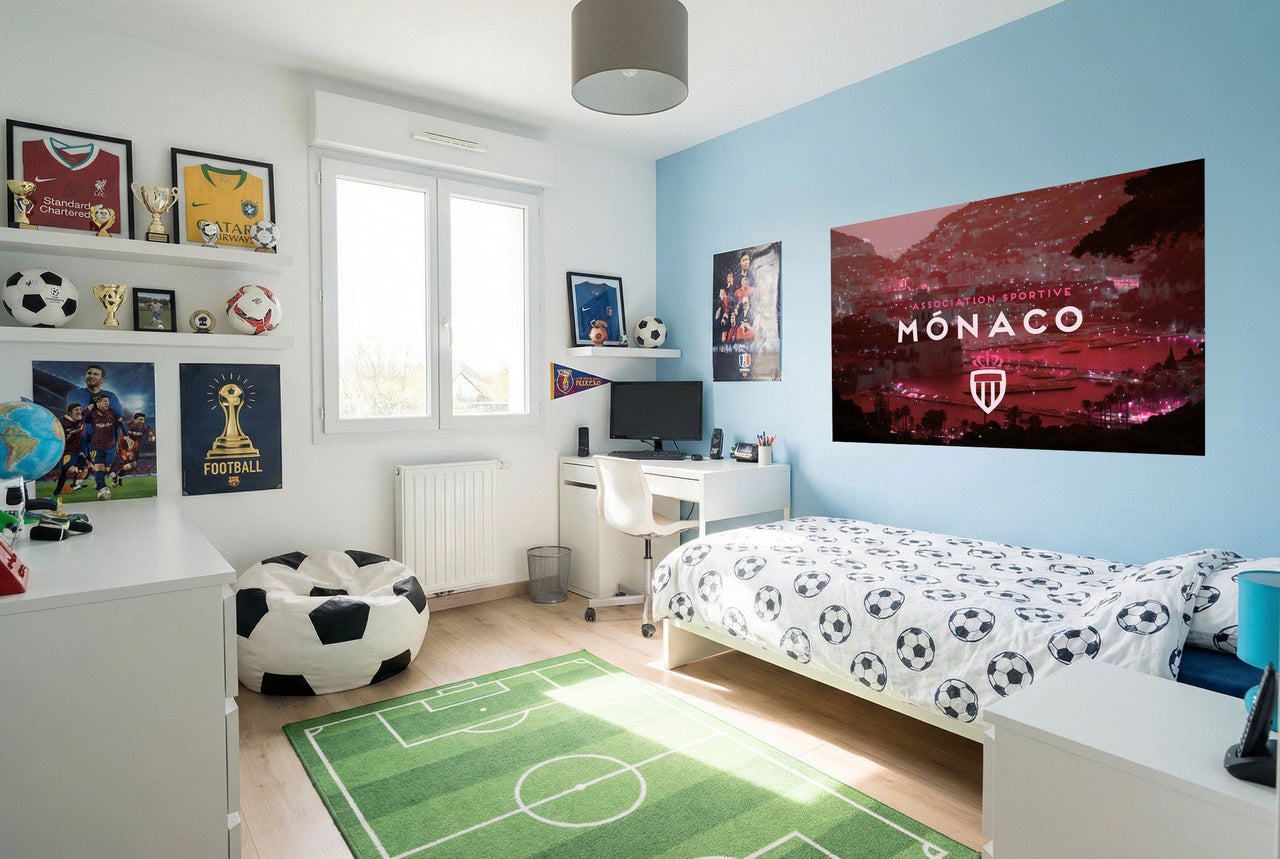 Lit blanc avec une couette à motifs ballons de football noirs pour déco fans papier peint football as monaco