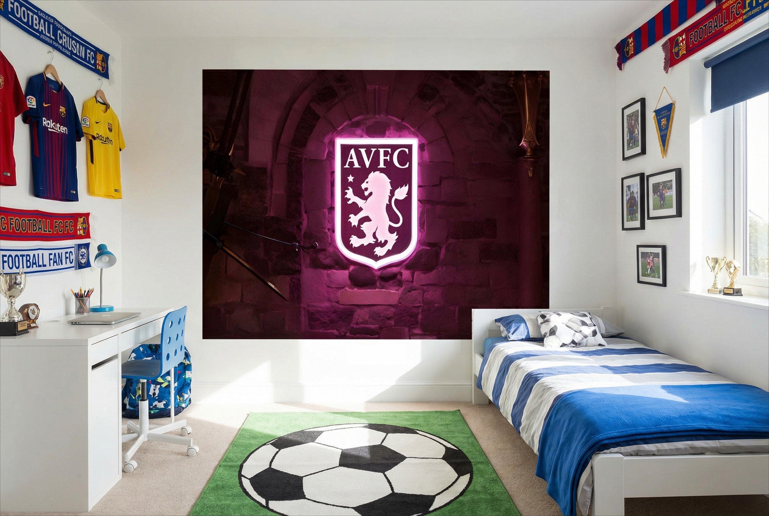 Papier peint aston villa avec un blason neon rose vif sur fond mur pierre violet foncé pour décor football