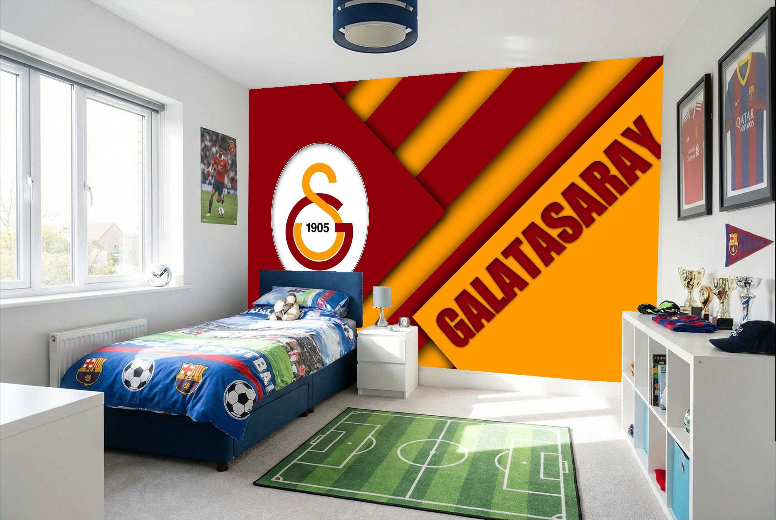 Papier peint emblème galatasaray avec motif diagonal rouge et jaune et logo galatasaray football club en blanc orange noir