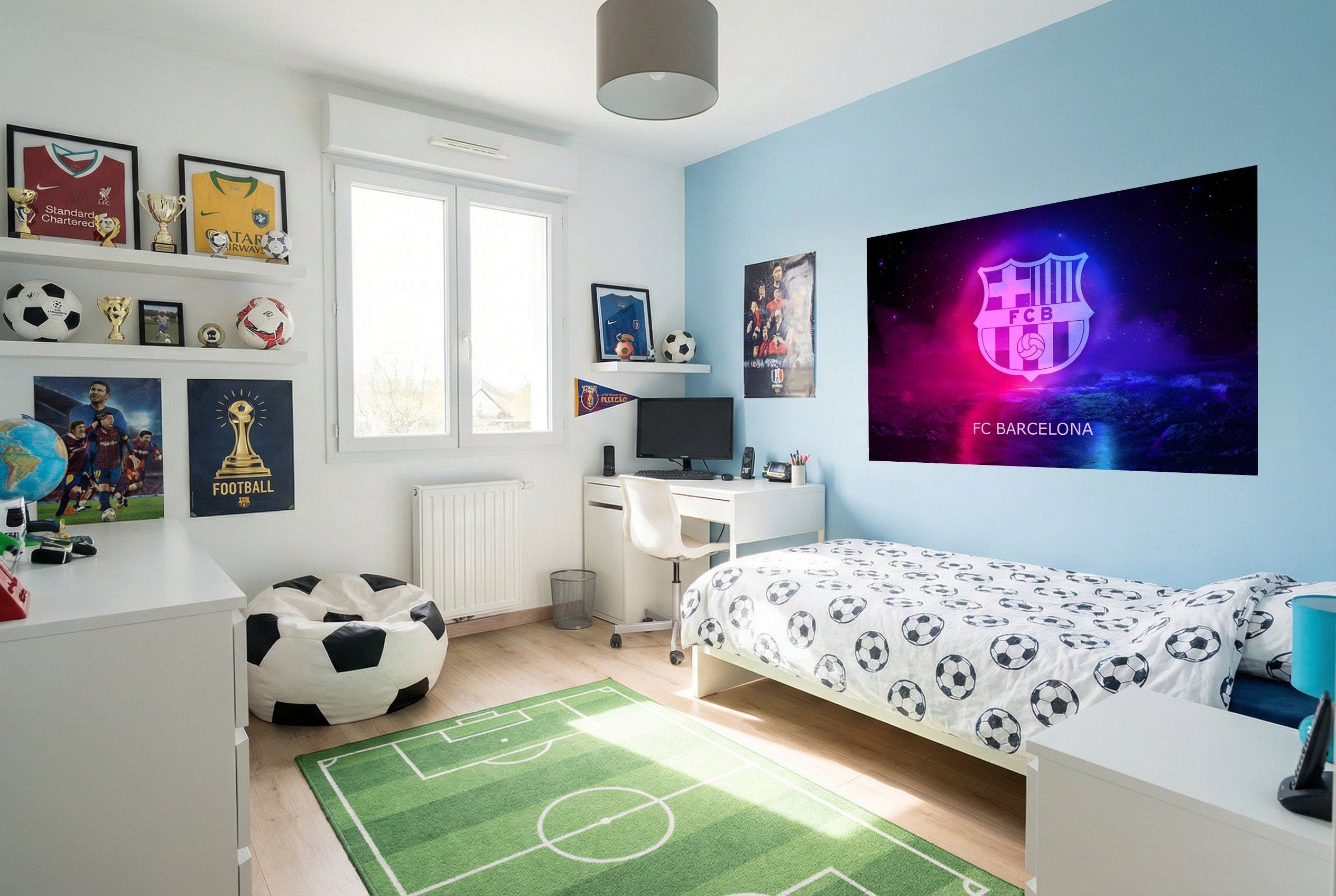 Papier peint fc barcelona esprit sportif avec logo vibrant violet et rose affiché sur écran mural grand format