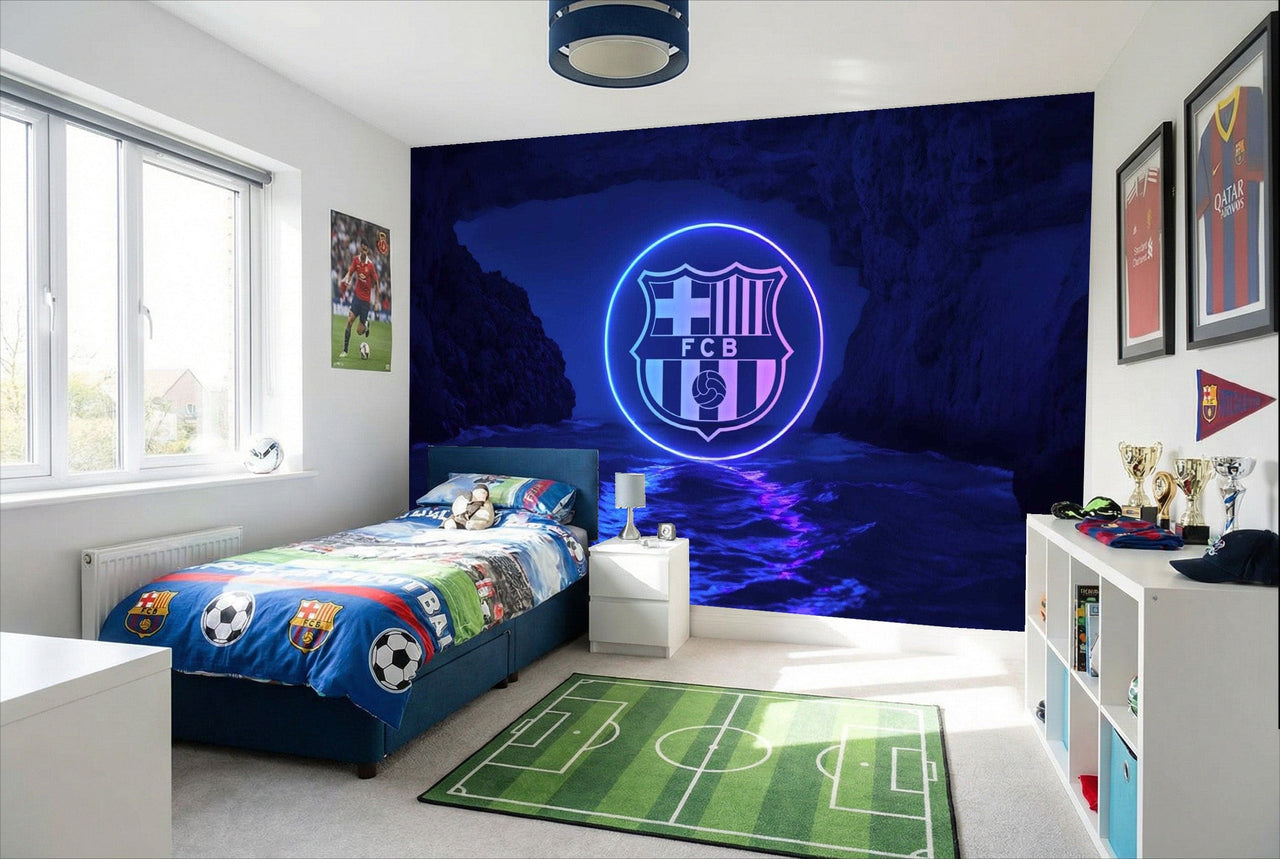 Papier peint fc barcelona bleu néon avec logo circulaire sur fond sombre pour une immersion totale sportive football