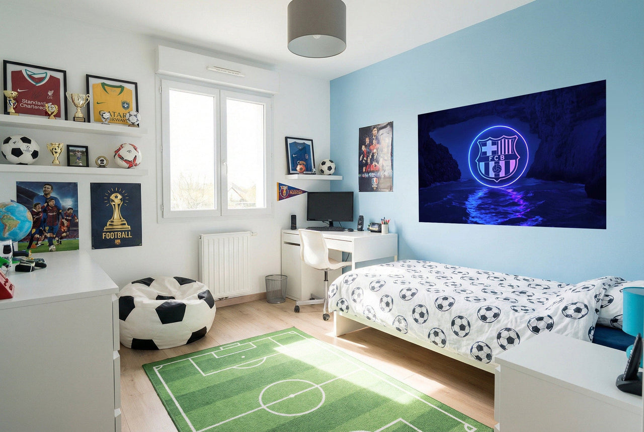 Lit blanc avec literie motif ballon de foot noir et blanc papier peint fc barcelona immersion totale sportive