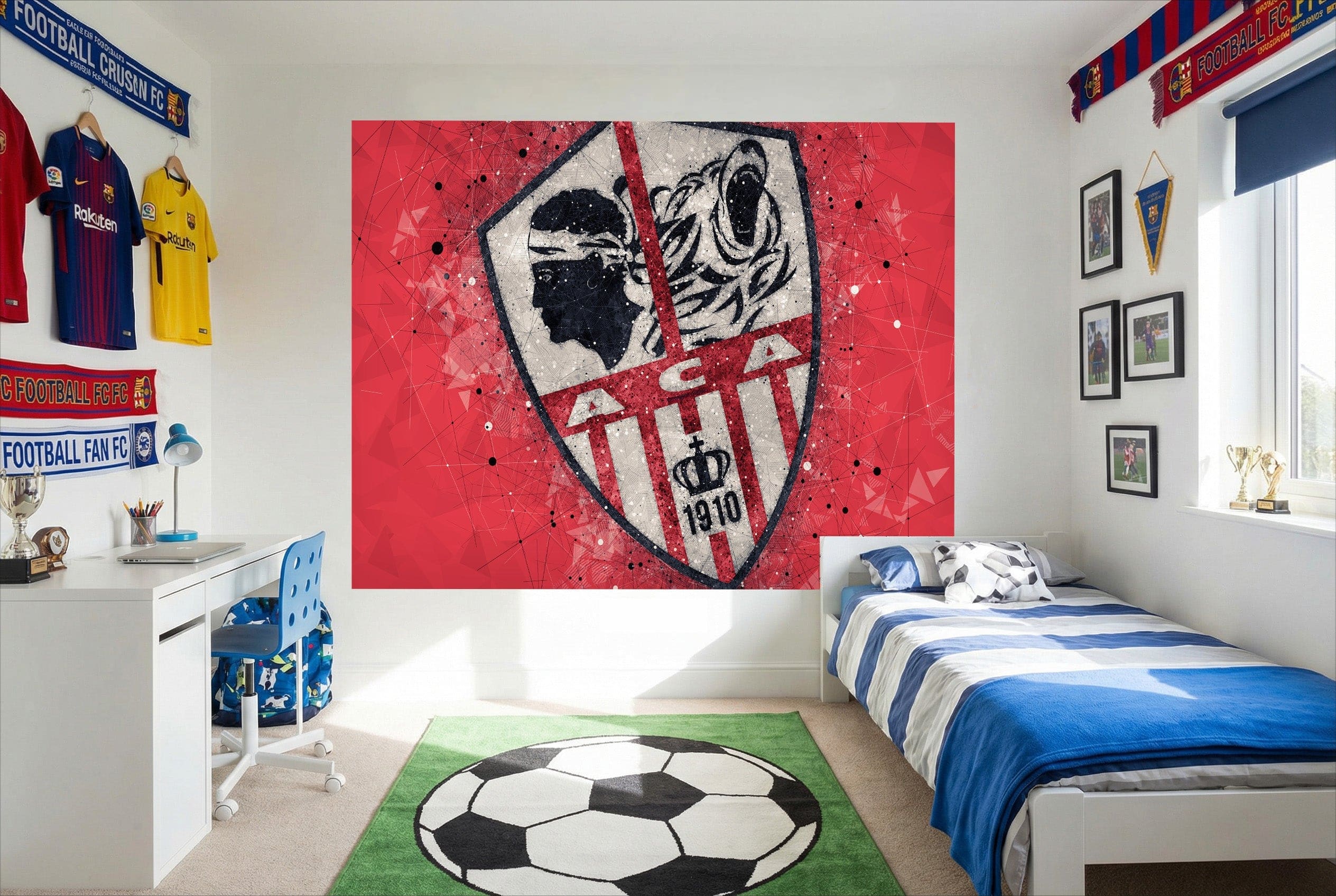 Murale papier peint foot ac ajaccio deco rouge blanc avec tigre noir et blanc et emblème profil 1910