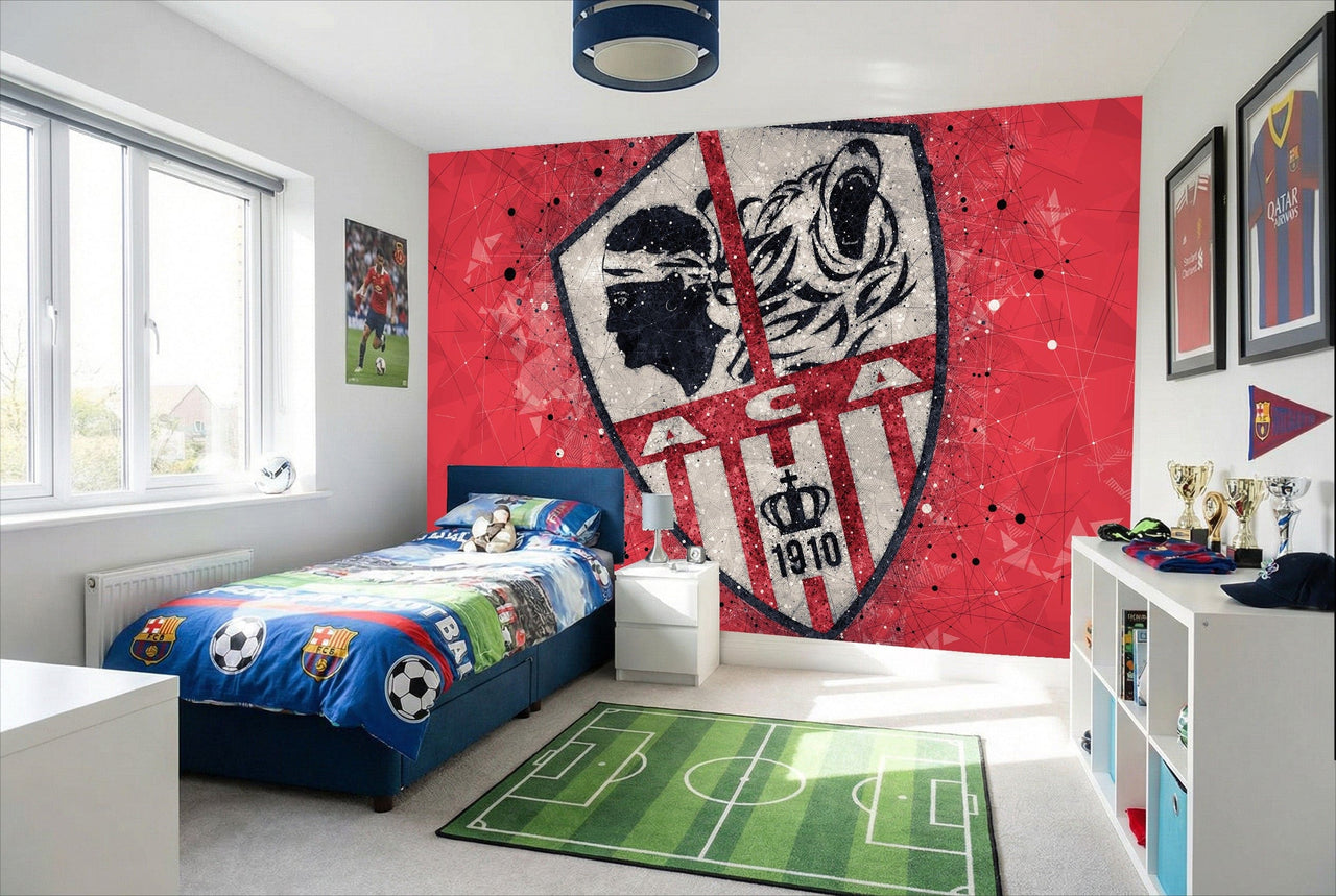 Murale papier peint foot ac ajaccio deco rouge blanc avec emblème tigre noir et blanc du club aca 1910