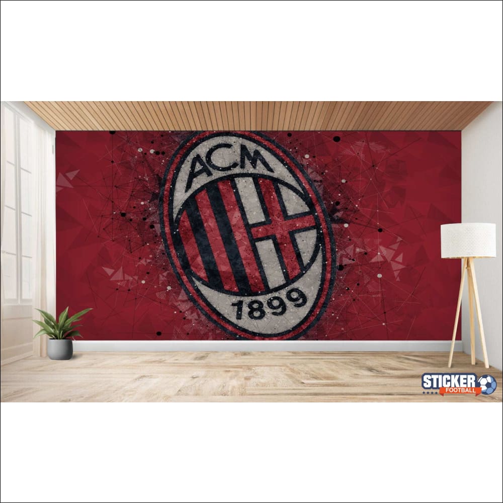Une peinture murale rouge représentant le logo du club de football AC Milan avec un effet vieilli.