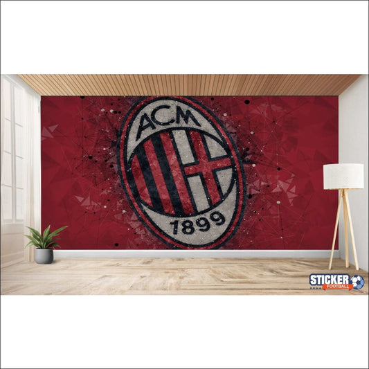 Une peinture murale rouge représentant le logo du club de football AC Milan avec un effet vieilli.