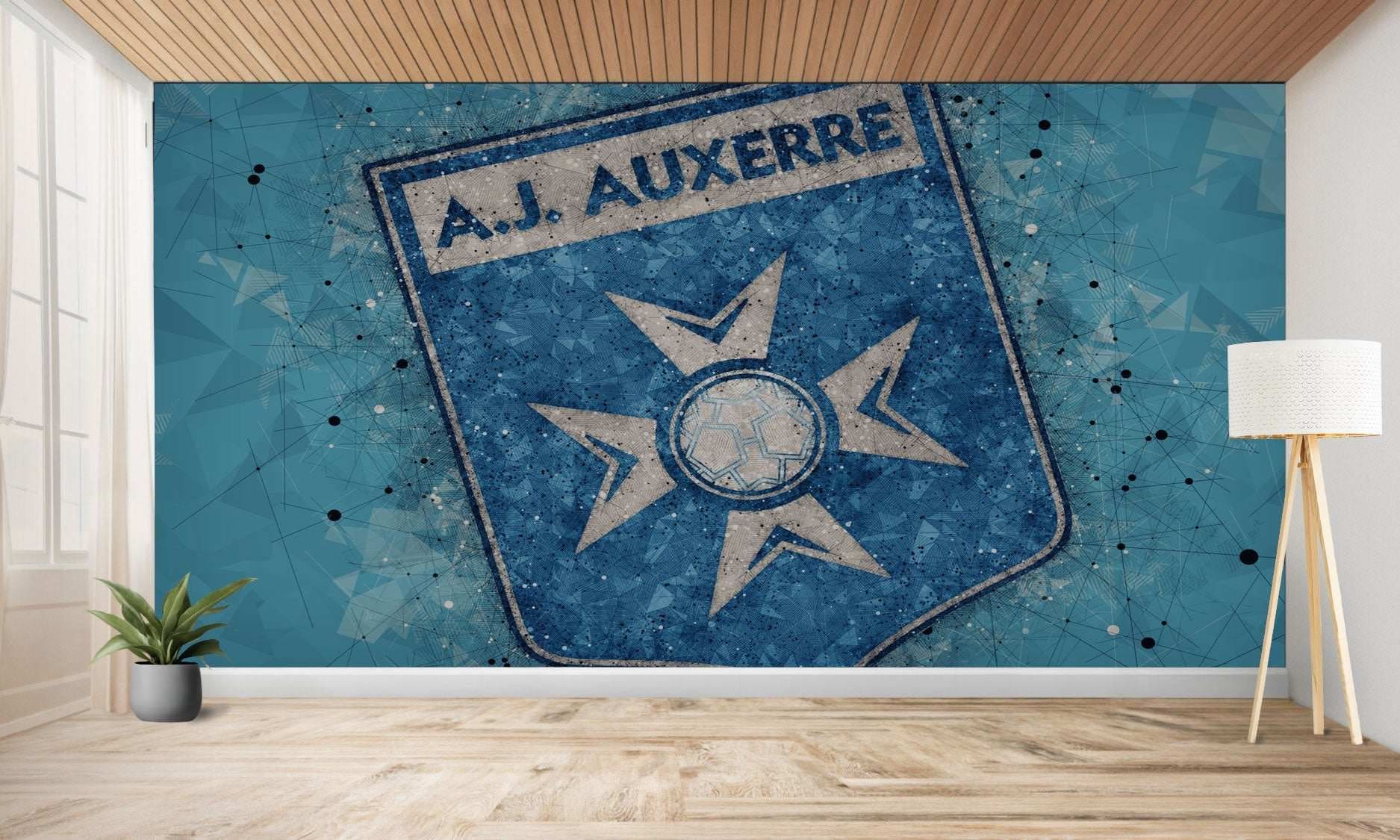 Murale de l’écusson d’un club de football en bleu et blanc.