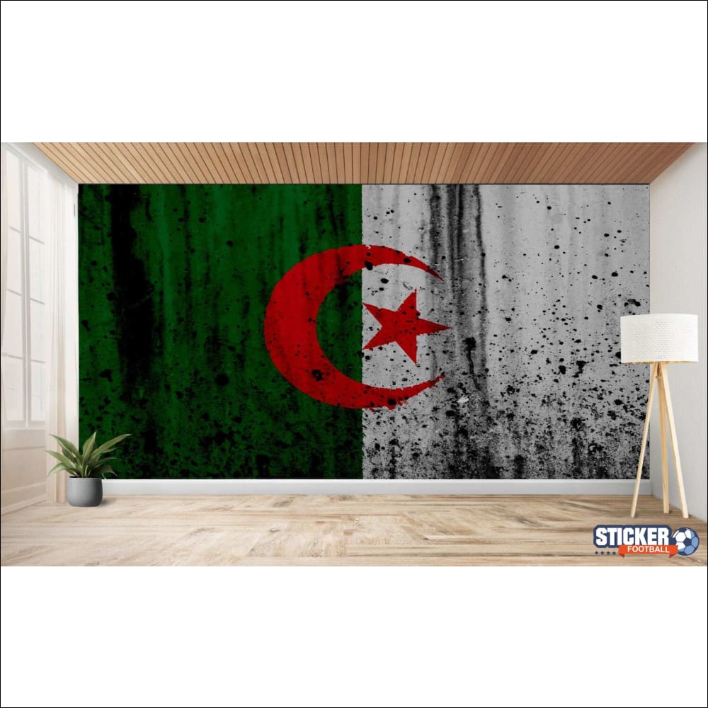 Une grande fresque murale représentant un drapeau algérien en relief.