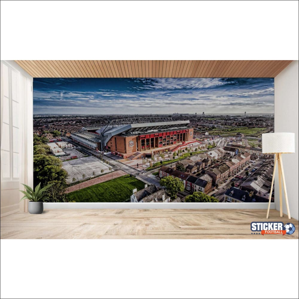 Murale de photos aériennes d’un stade et de la ville environnante.