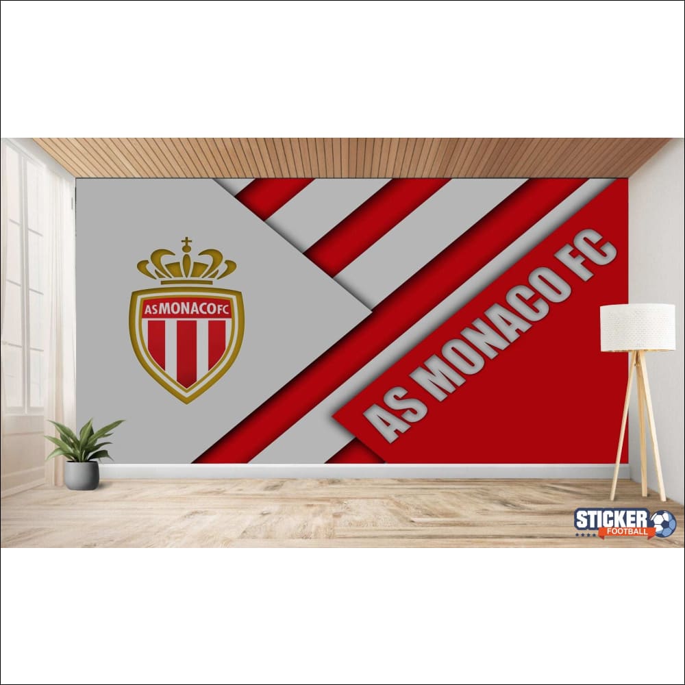 Murale représentant le logo de l’AS Monaco FC et le nom de l’équipe dans un motif géométrique rouge, blanc et gris.