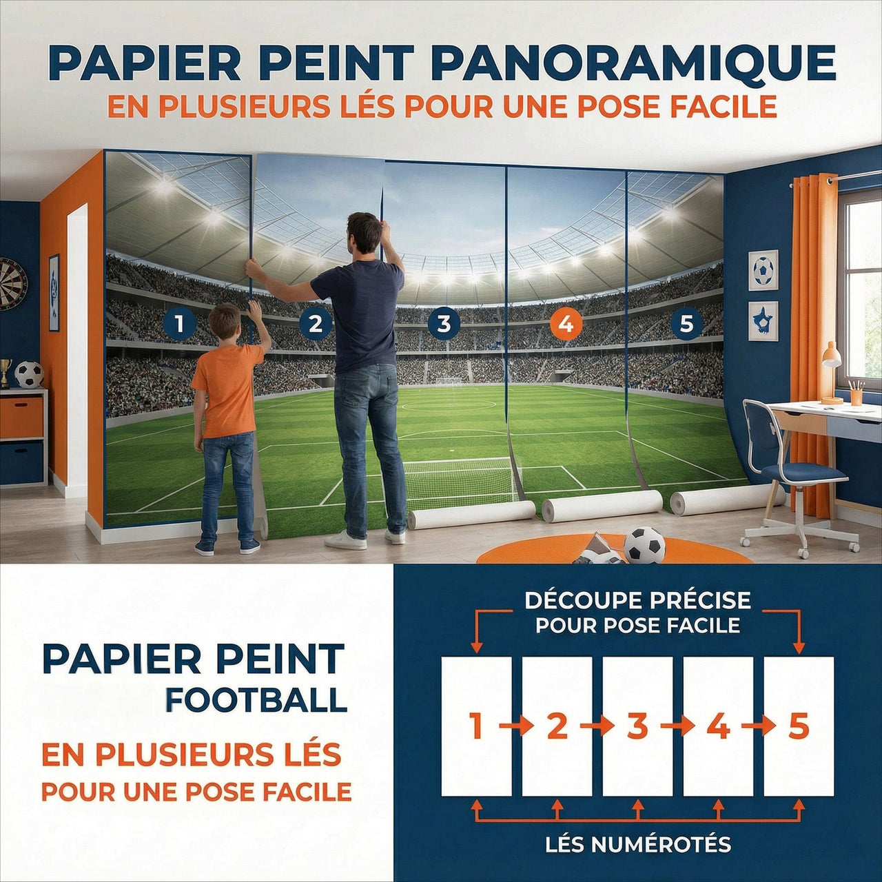 Fresque murale de papier peint de stade de football panoramique avec sections numérotées pour un assemblage facile, terrain vert vibrant et sièges orange.
