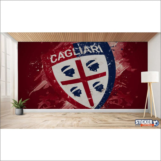 Murale représentant l’écusson du club de football de Cagliari avec un effet peint et vieilli.