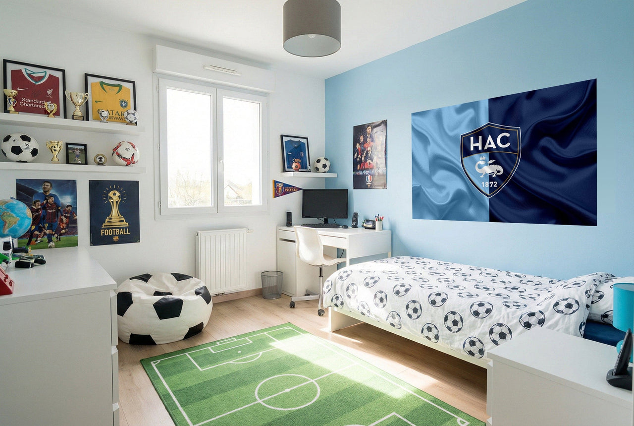 Fauteuil pouf noir et blanc motif ballon de foot idéal pour papier peint foot hac effet drapeau décoration sportive