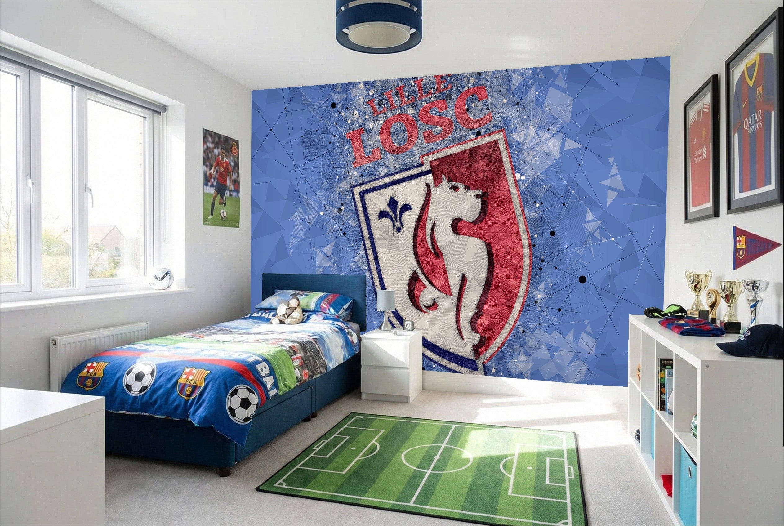 Papier peint lille avec logo football décoration losc en bleu et rouge au design géométrique usé