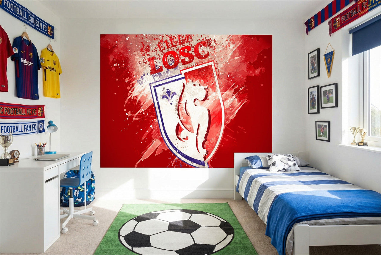 Papier peint lille losc rouge avec blason du club et effets éclaboussures pour losc décoration chambre football