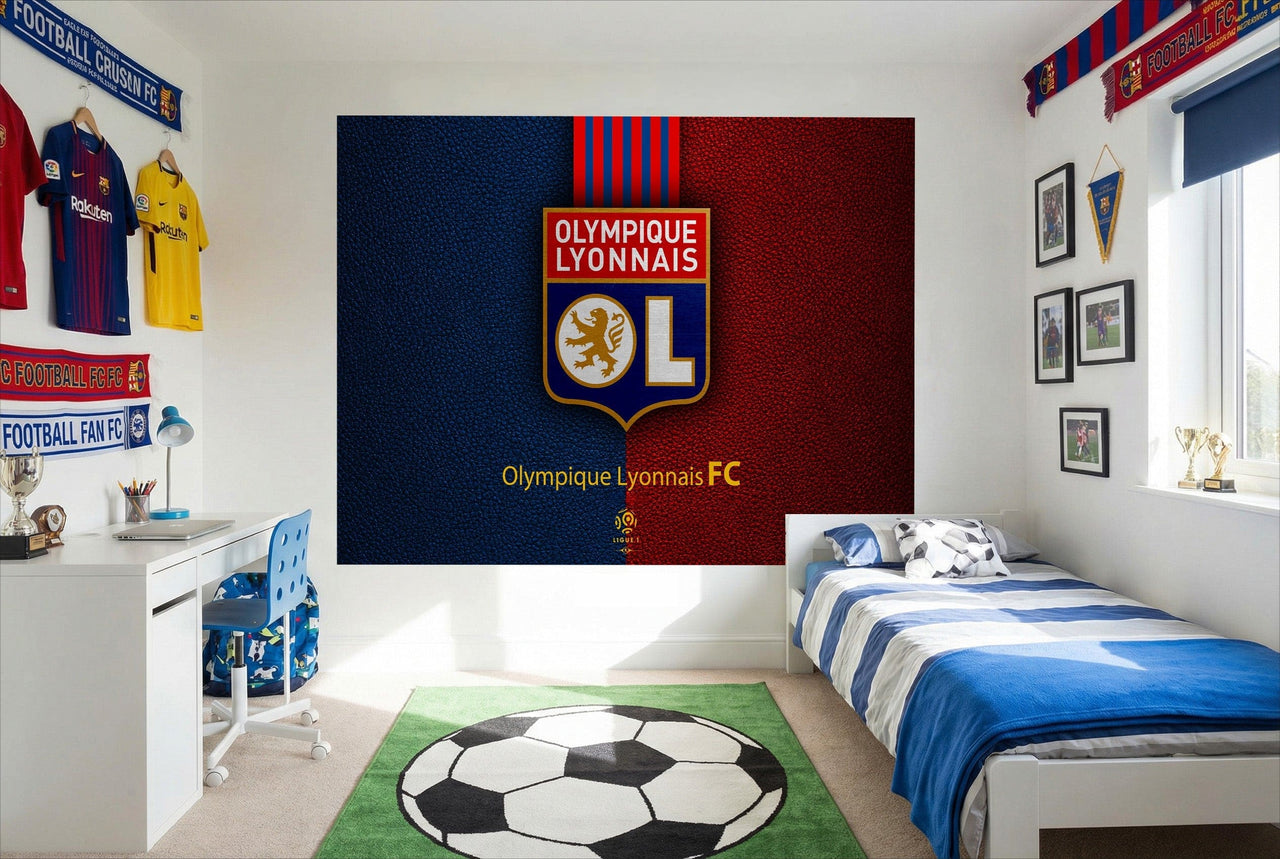 Papier peint football lyon logo tableau murale bleu rouge avec blason de l olympique lyonnais fc