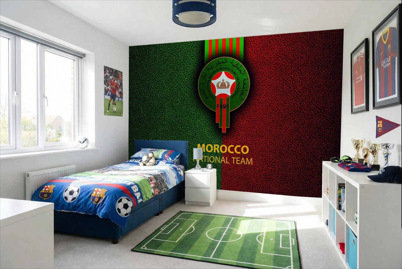 Papier peint maroc avec motif football équipe nationale marocain fond vert et rouge avec emblème royal au centre