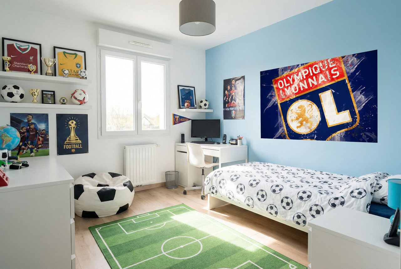 Beanbag noir et blanc en forme de ballon de football pour fan papier peint football peint ol lyon tableau fan ol lyon