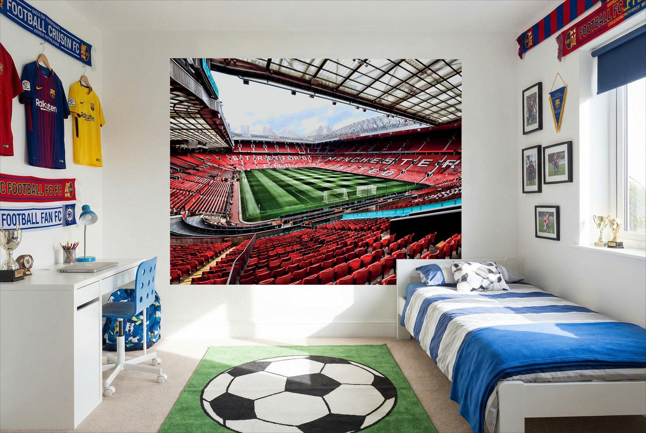 Papier peint football old trafford devils mural rouge et vert avec vue détaillée du stade et du terrain