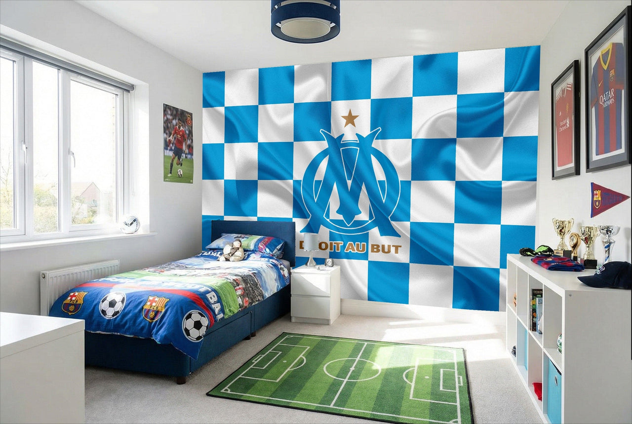Papier peint olympique marseille bleu et blanc effet drapeau avec logo marseille pour décoration murale football