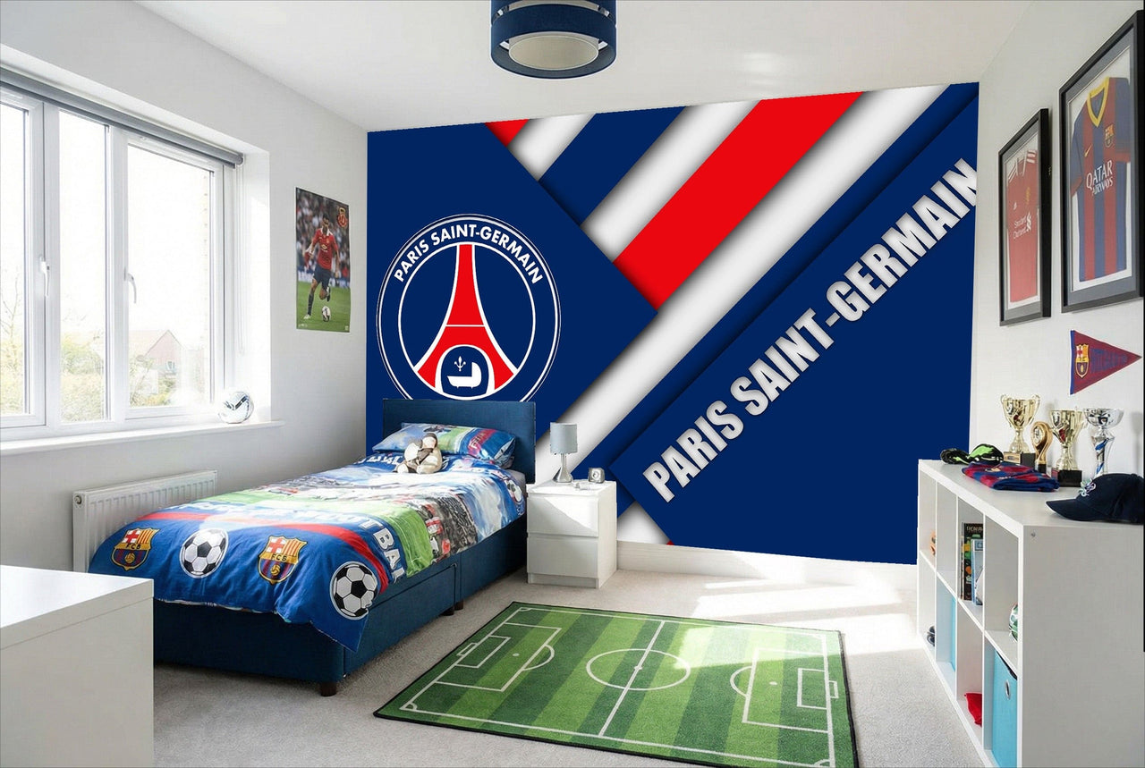 Papier peint football avec illustration murale paris psg logo aux rayures diagonales rouges blanches et bleues