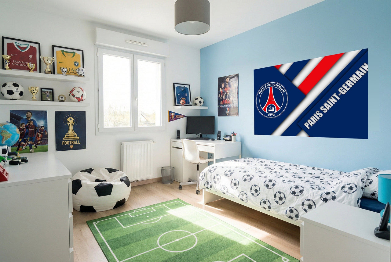 Papier peint football paris psg logo avec decalcomanie murale a rayures rouge blanc et bleu marine