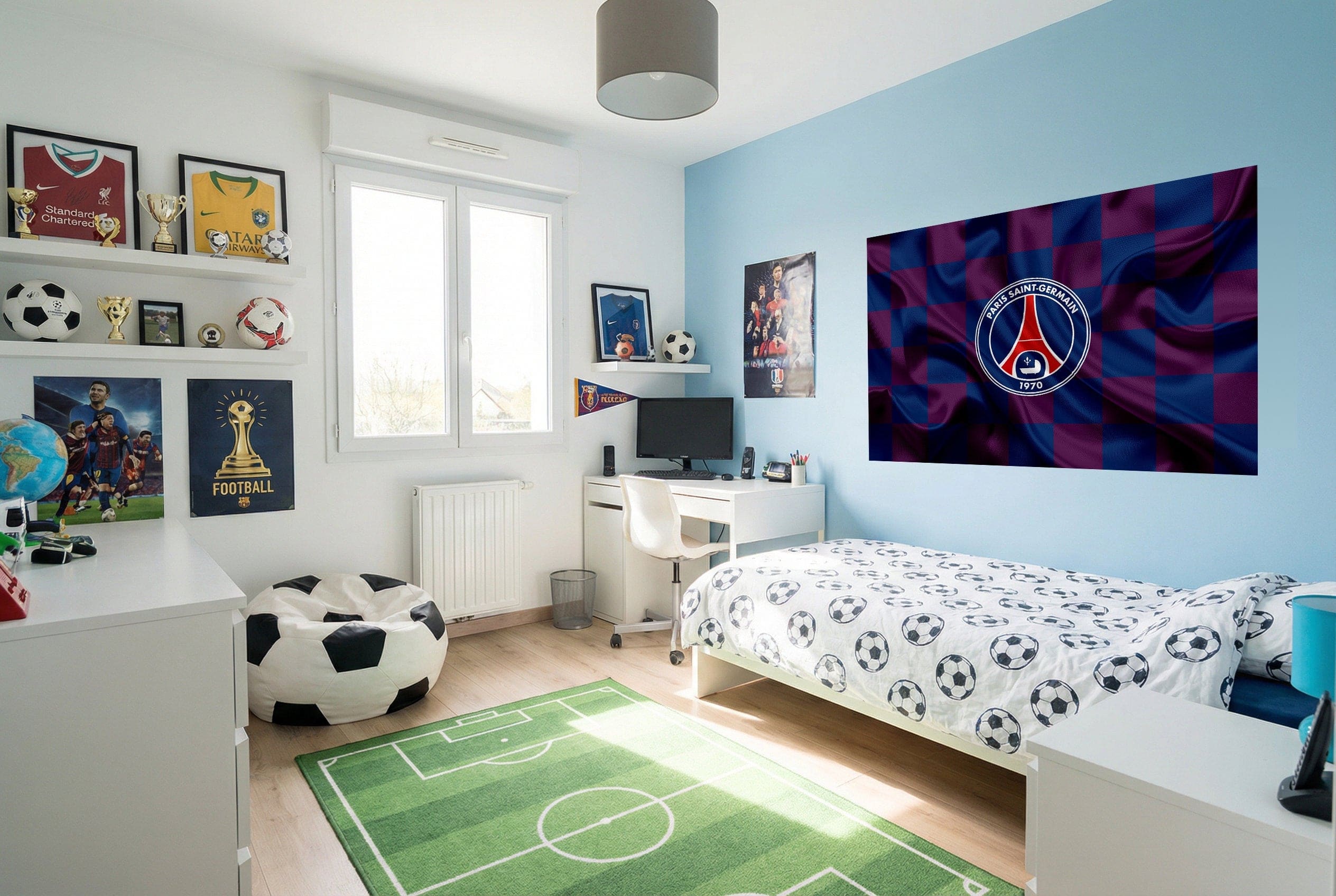 Papier peint football paris saint-germain bleu et rouge à damier avec emblème blanc pour saint-germain déco chambre