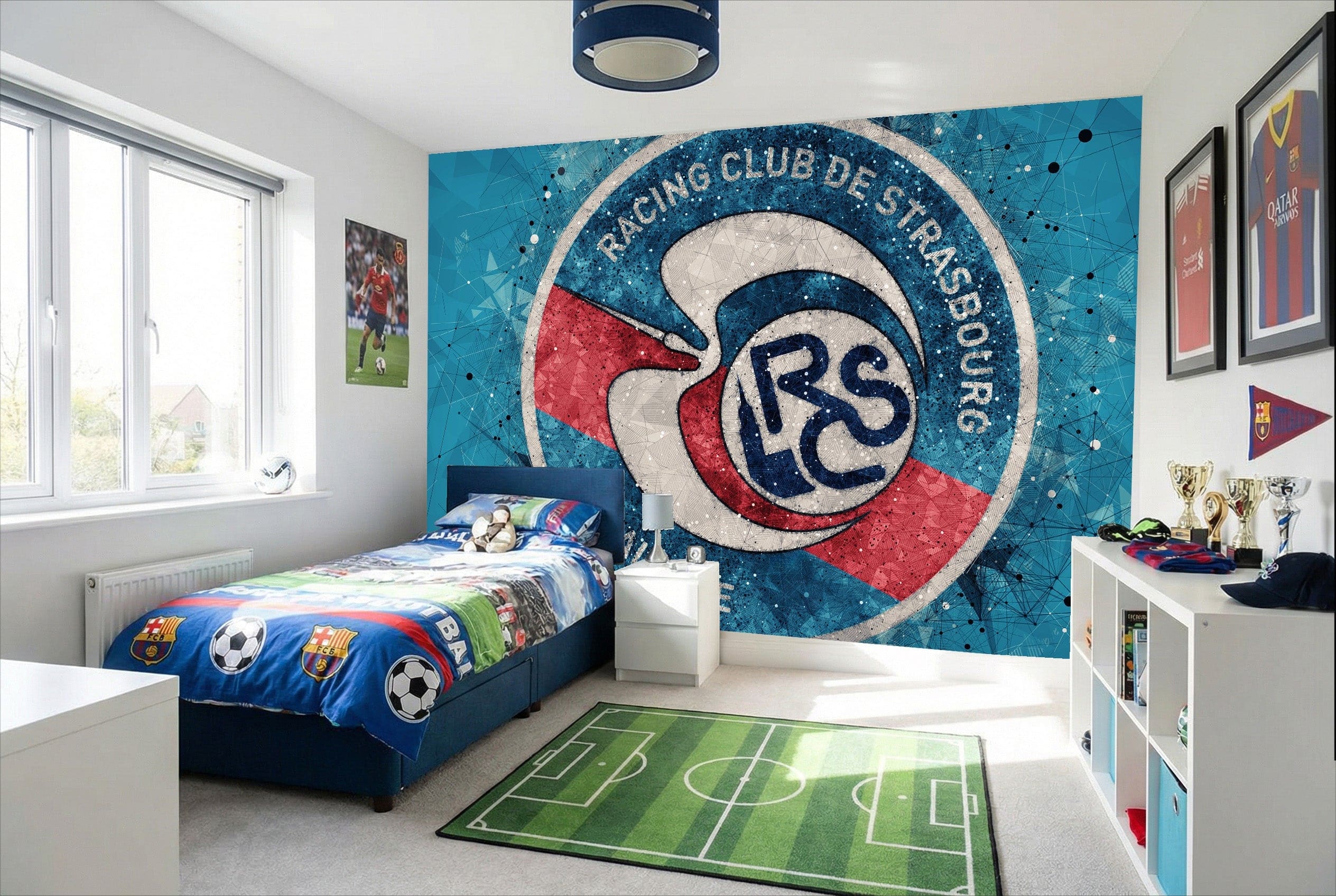 Papier peint football rc strasbourg alsace tableau déco bleu avec logo rouge et blanc du racing club de strasbourg