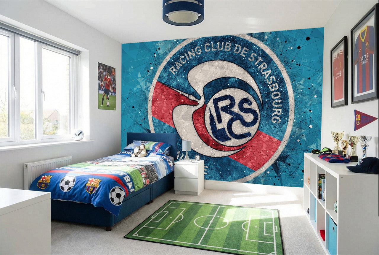 Papier peint football rc strasbourg alsace tableau déco bleu avec logo rouge et blanc du racing club de strasbourg