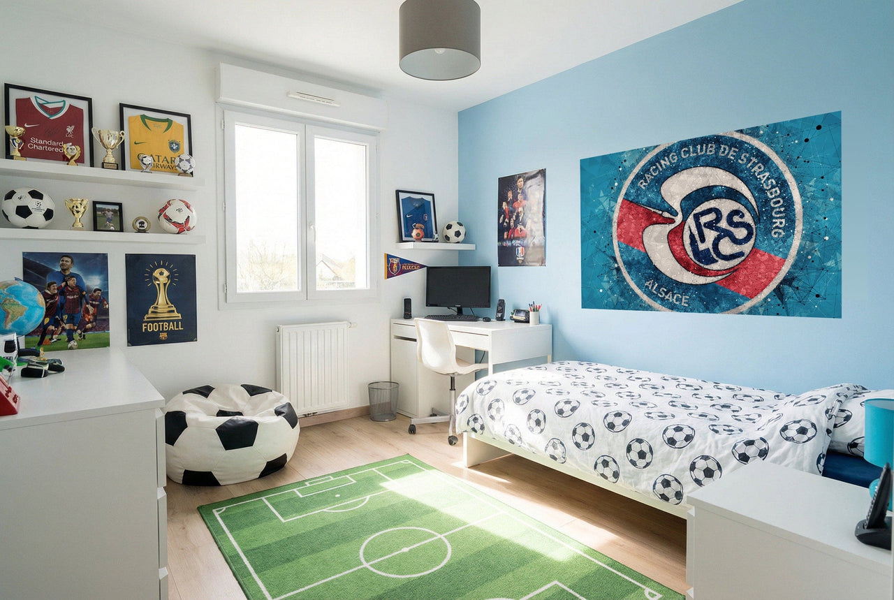 Lit blanc avec literie motif ballon de foot noir papier peint football rc strasbourg alsace tableau déco