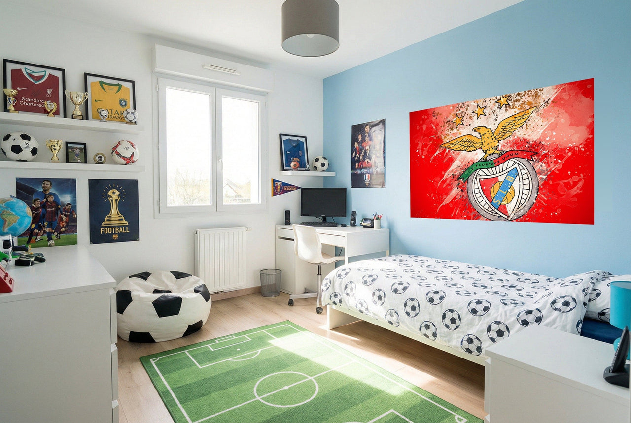 Lit blanc avec literie motif ballon de football noir papier peint football peint sl benfica résister à l’usure