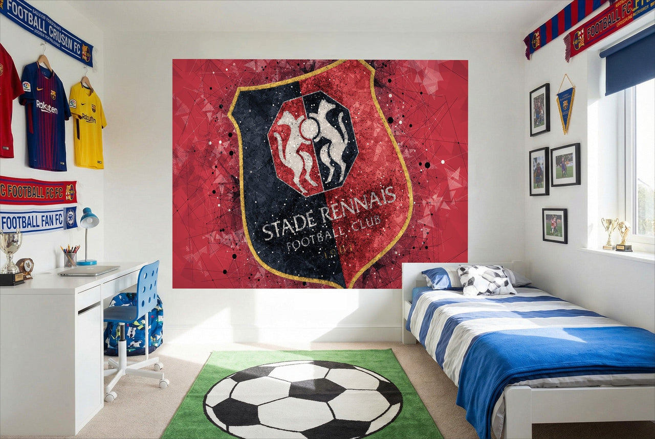 Papier peint stade rennais avec murale rouge et noire et blason orné pour déco football stade rennais tableau déco