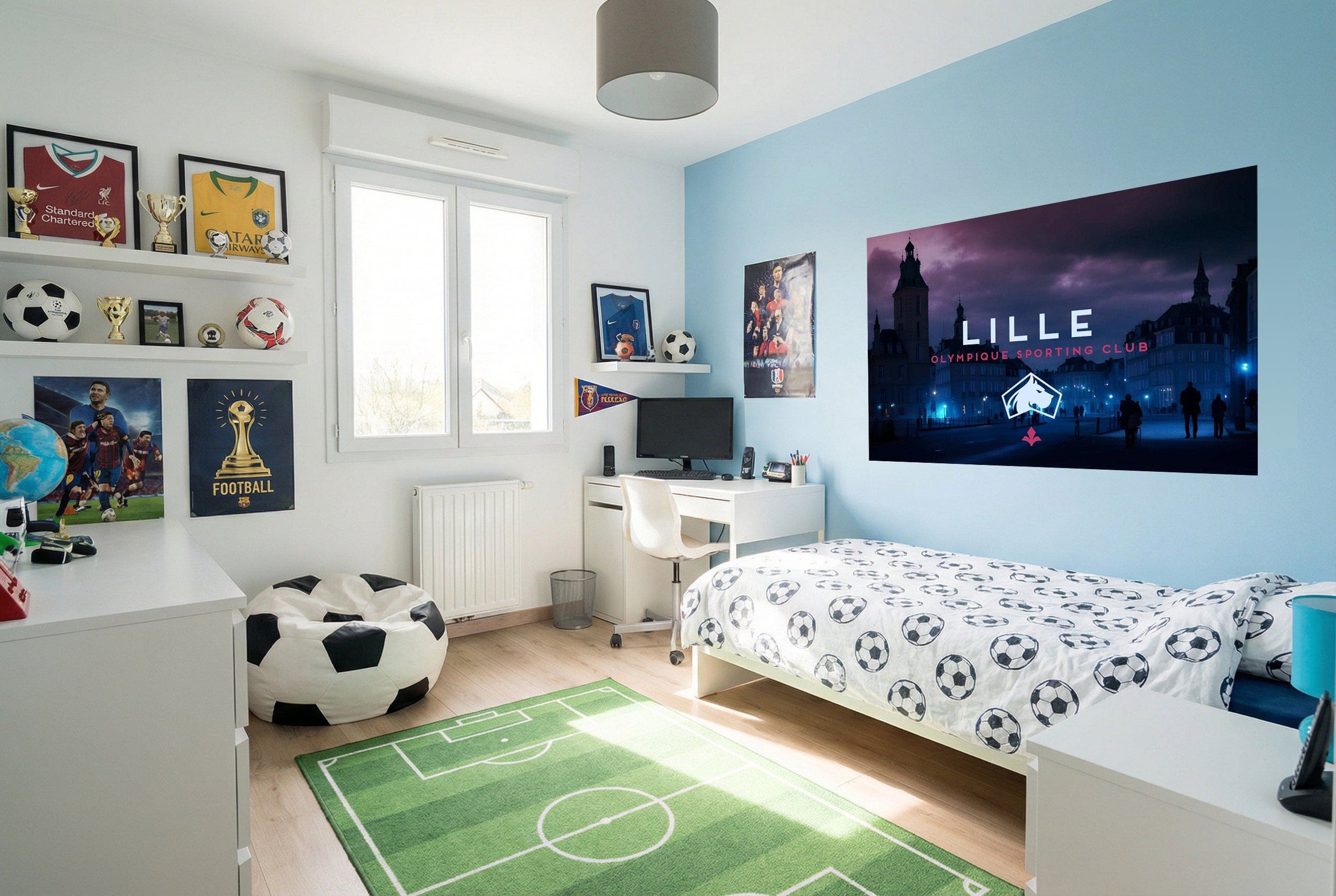 Fauteuil pouf noir et blanc en forme de ballon de football pour passion soccer avec papier peint lille oscillant football