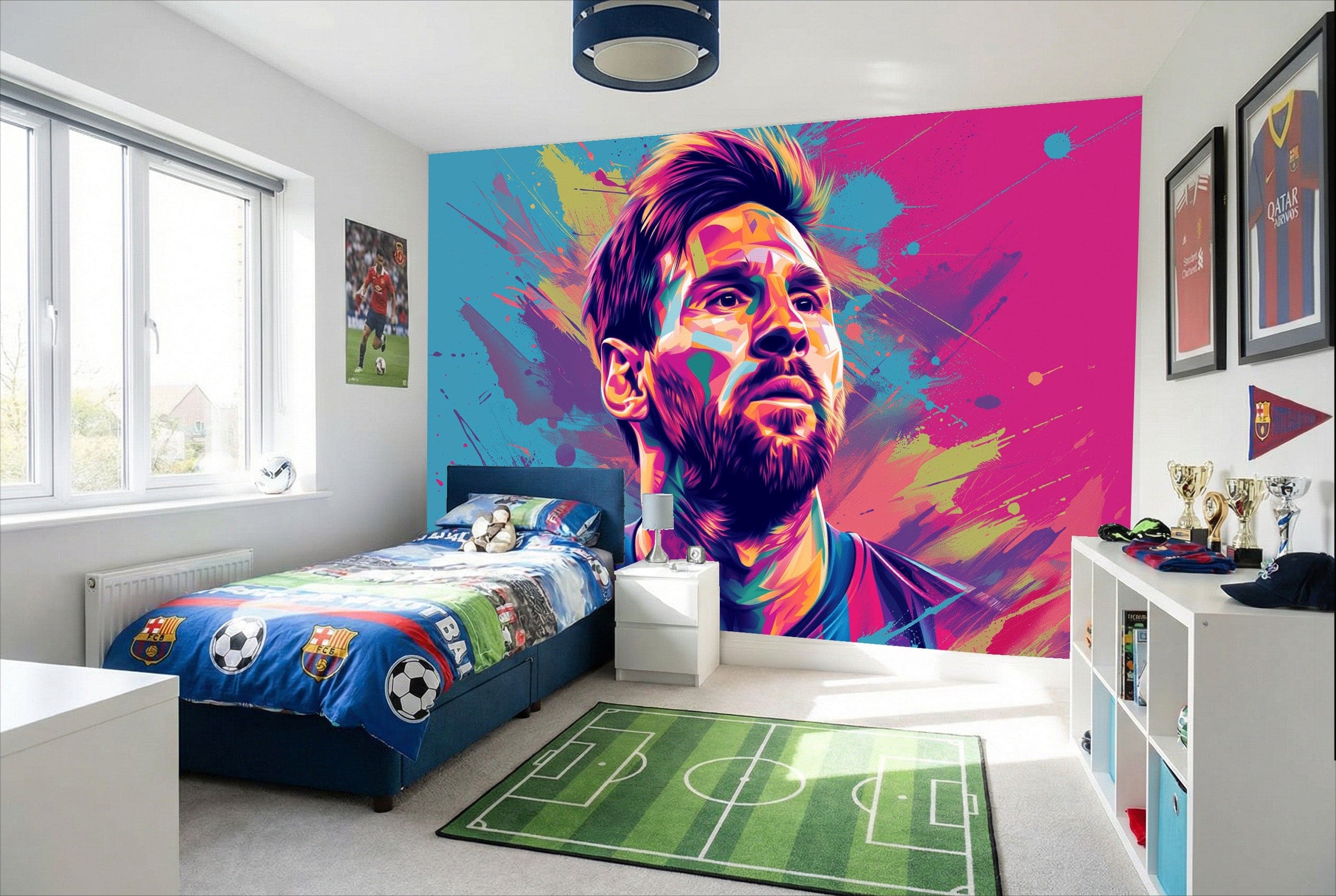 Papier peint lionel messi pop-art vif avec éclaboussures roses bleues et jaunes pour déco fan soccer mur de chambre