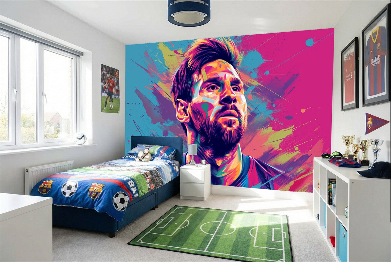 Papier peint lionel messi pop-art vif avec éclaboussures roses bleues et jaunes pour déco fan soccer mur de chambre
