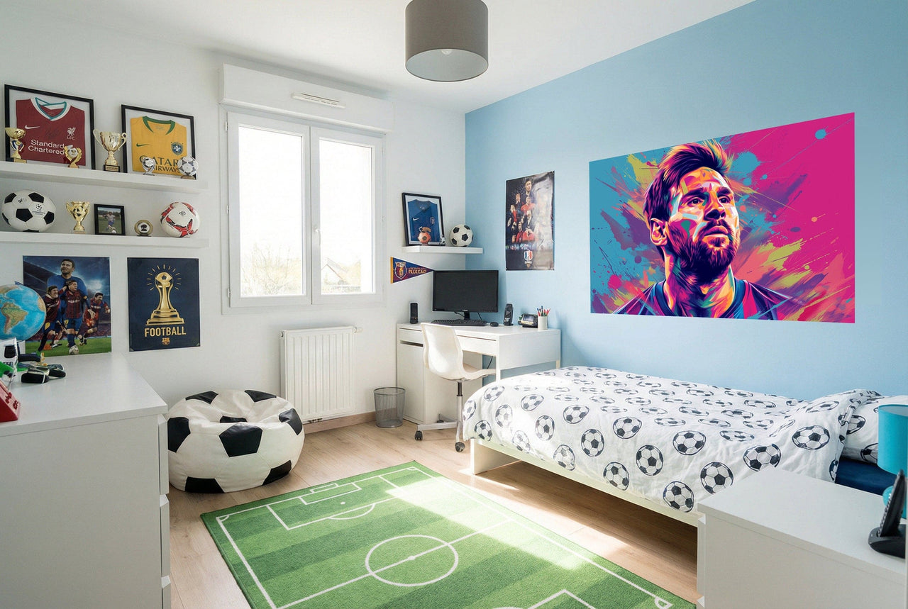 Papier peint lionel messi coloré en pop art décorant un mur bleu clair pour une déco fan soccer moderne