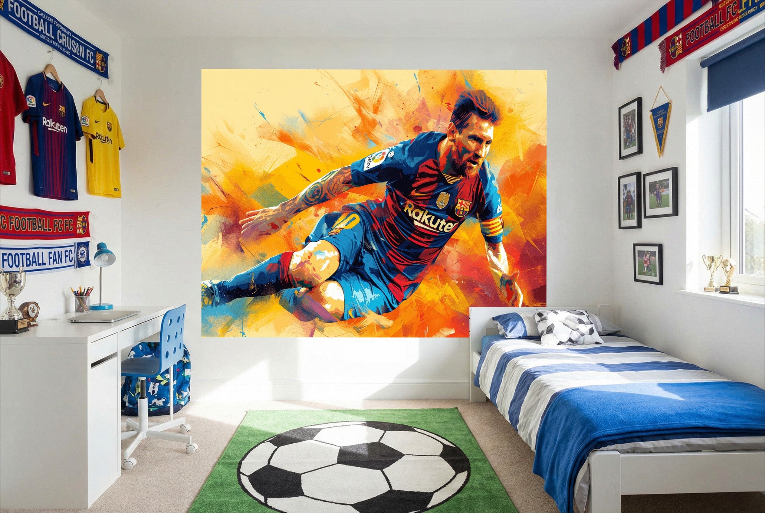 Papier peint lionel messi vibrant style aquarelle en maillot fc barcelona bleu rouge rakuten en action dribble