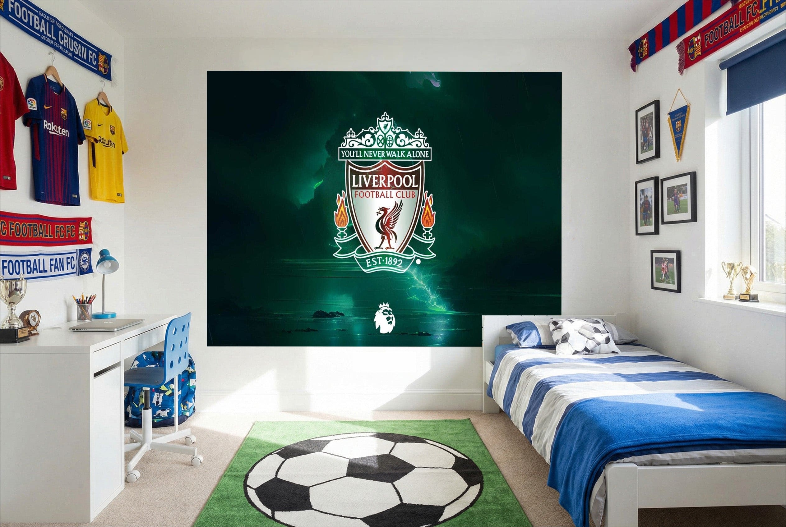 Papier peint liverpool fc avec éclairage teal sur fond vert foncé pour déco fan sports et papier peint football