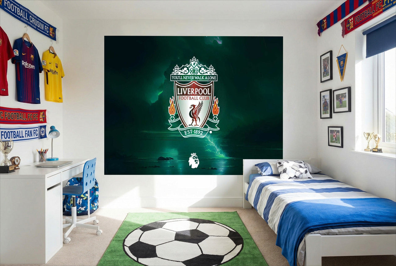 Papier peint liverpool fc avec éclairage teal sur fond vert foncé pour déco fan sports et papier peint football