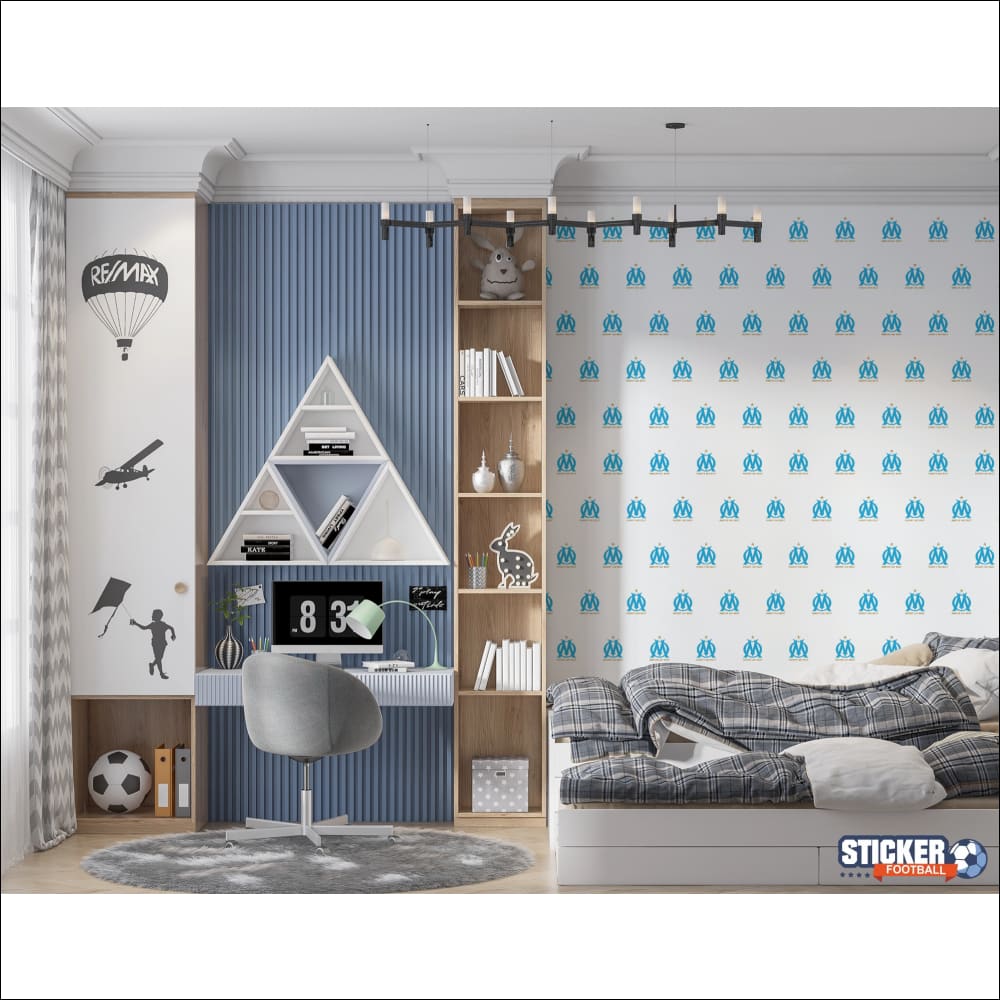 Une chambre d’enfant moderne avec un bureau, un lit et divers éléments décoratifs.