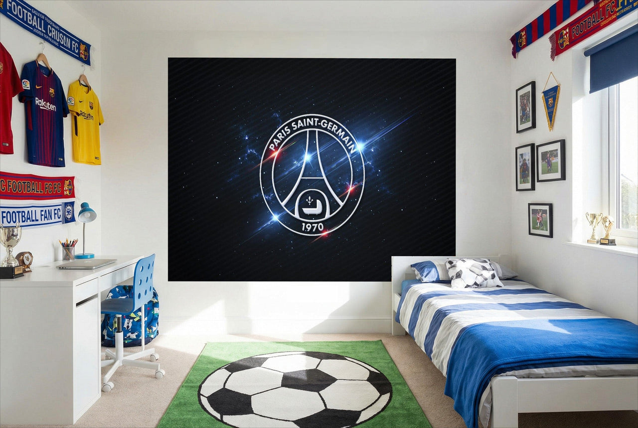 Papier peint psg ambiance avec logo paris saint germain 1970 lumineux sur fond noir étoilé déco supporter passion