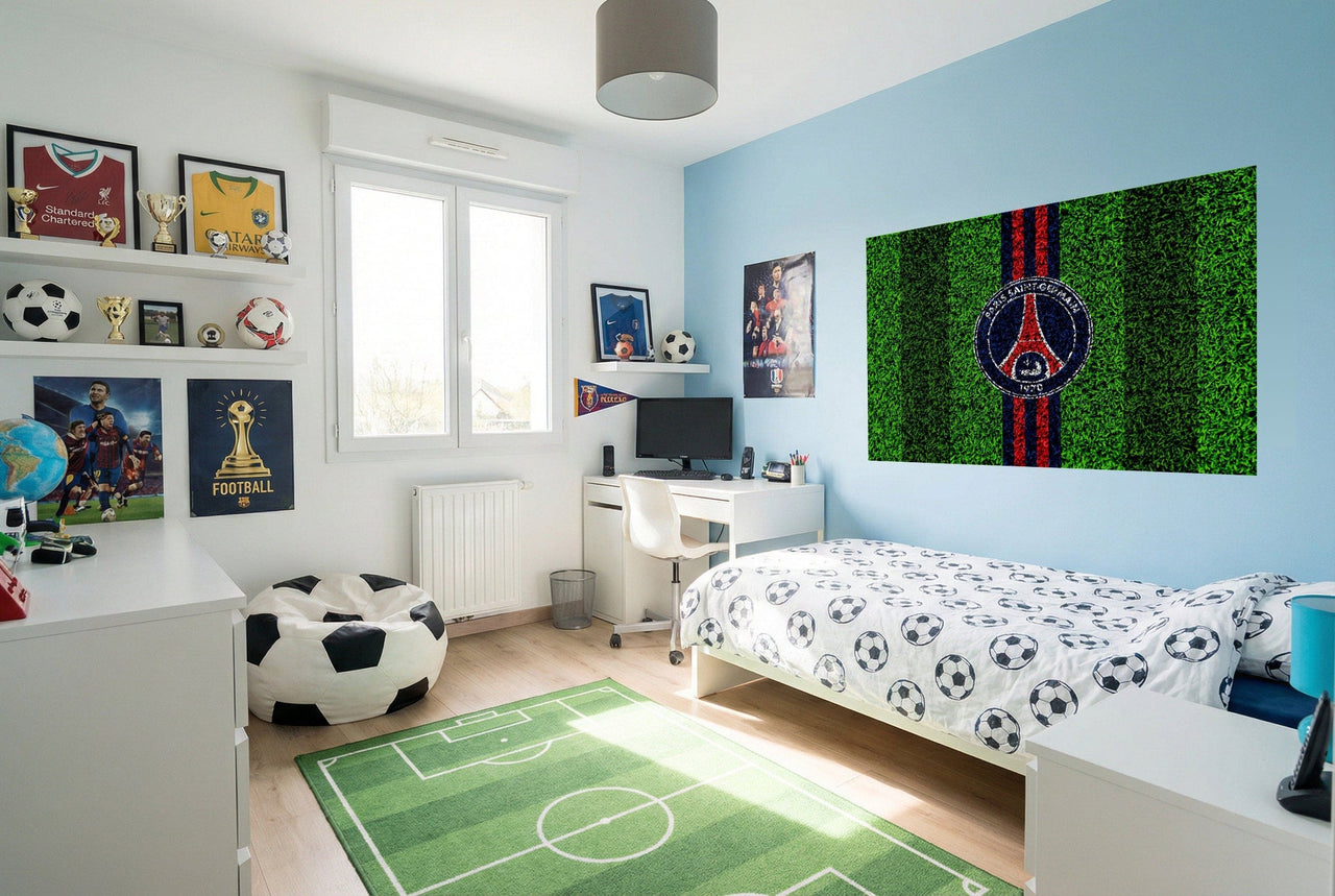 Lit blanc avec literie effet déco football en noir et blanc motif ballon pour papier peint PSG football