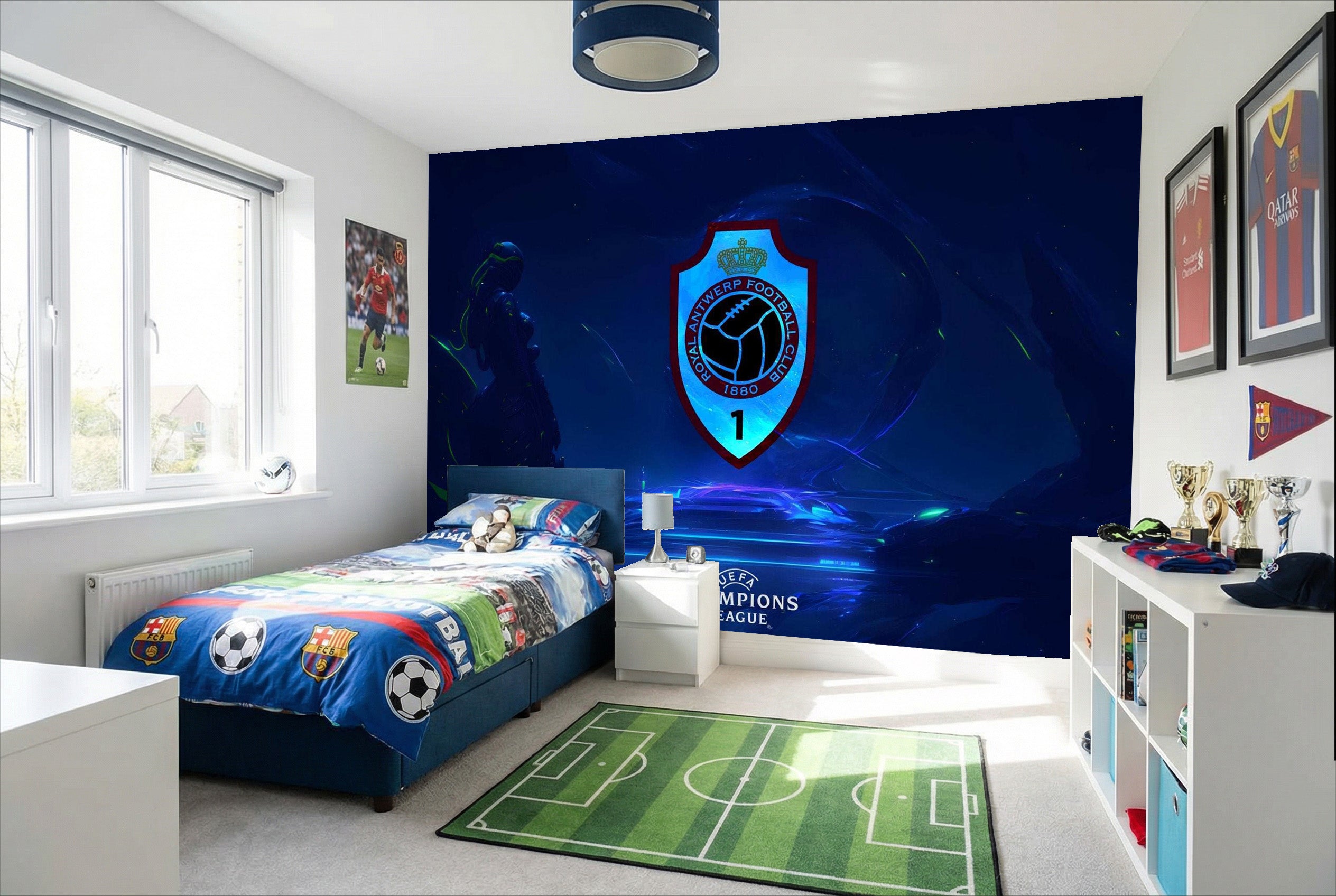 Papier peint football royal antwerp bleu avec fresque murale cosmique et blason lumineux pour passion football
