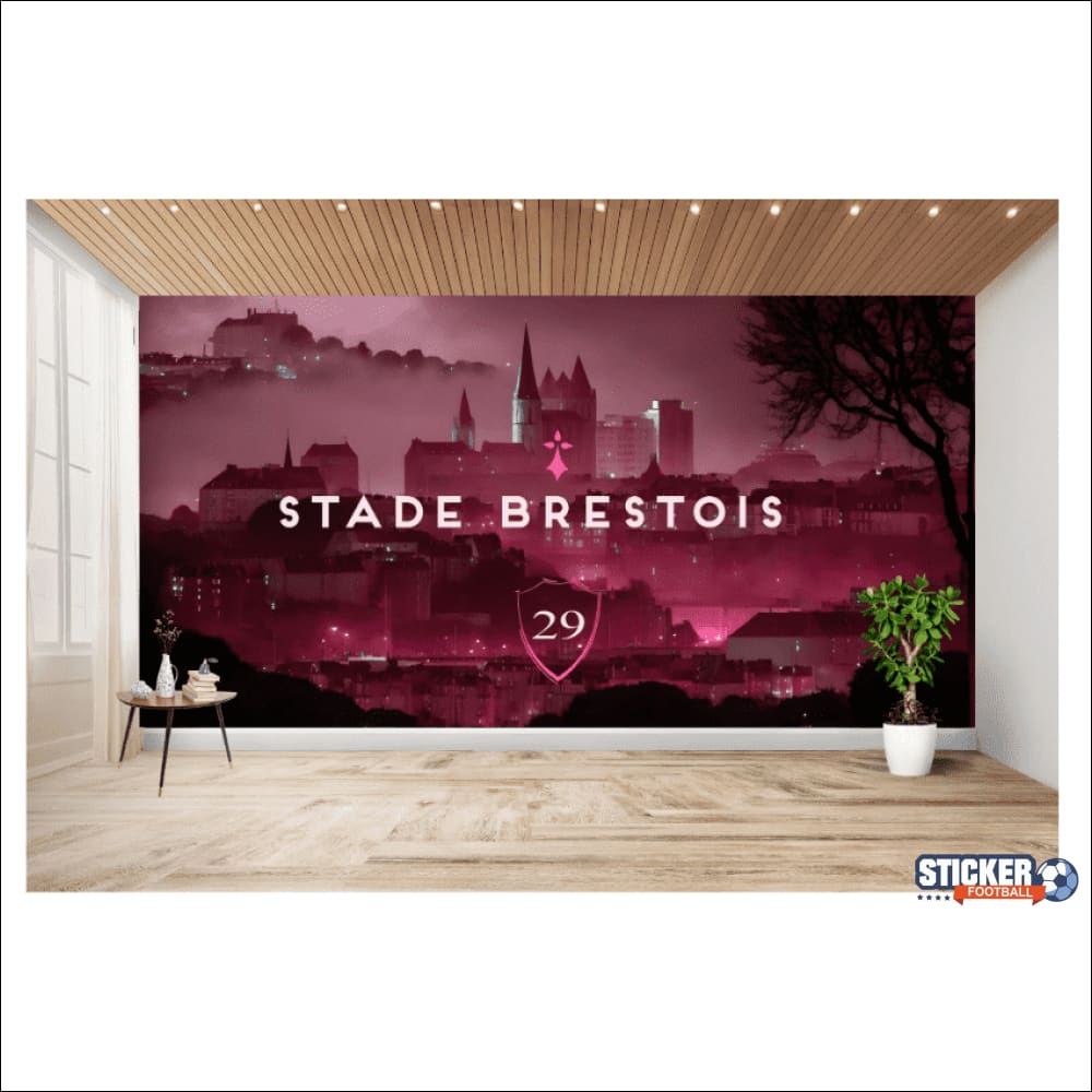 Chambre avec peinture murale d’un paysage urbain.