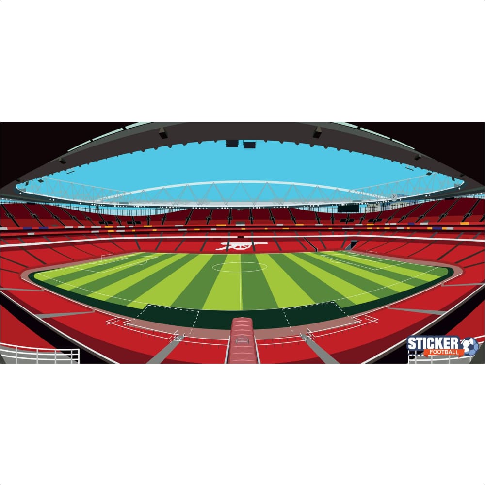 Stade rouge avec terrain vert et sièges blancs