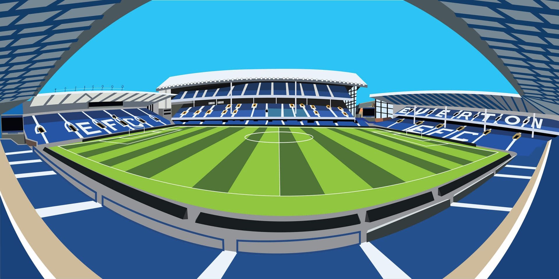 Terrain de football vert avec des lignes blanches et des sièges de stade bleus.