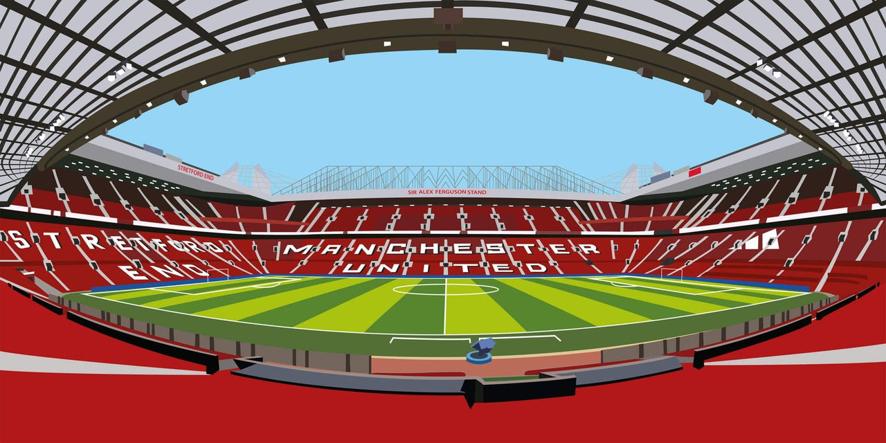 Stade rouge et blanc avec terrain vert, design de sièges courbé, logo de la marque populaire Manchester United.