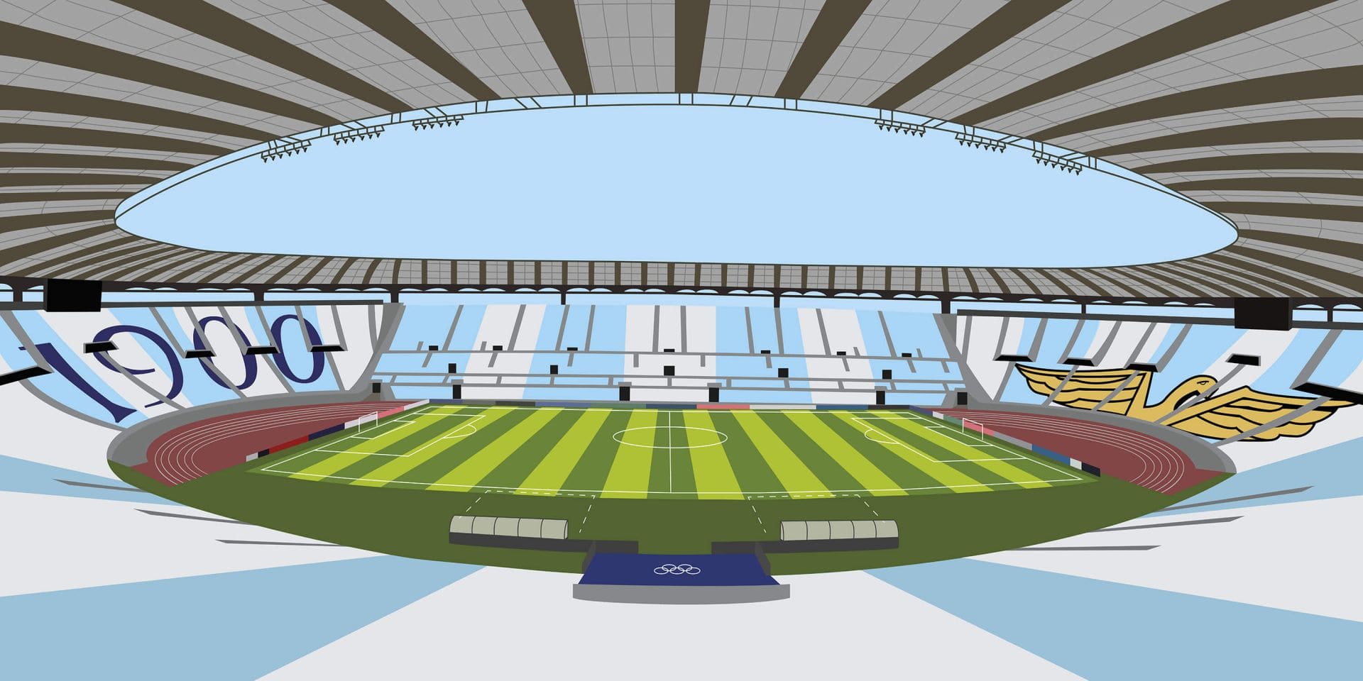Terrain de football en herbe verte avec lignes blanches et anneaux olympiques.
