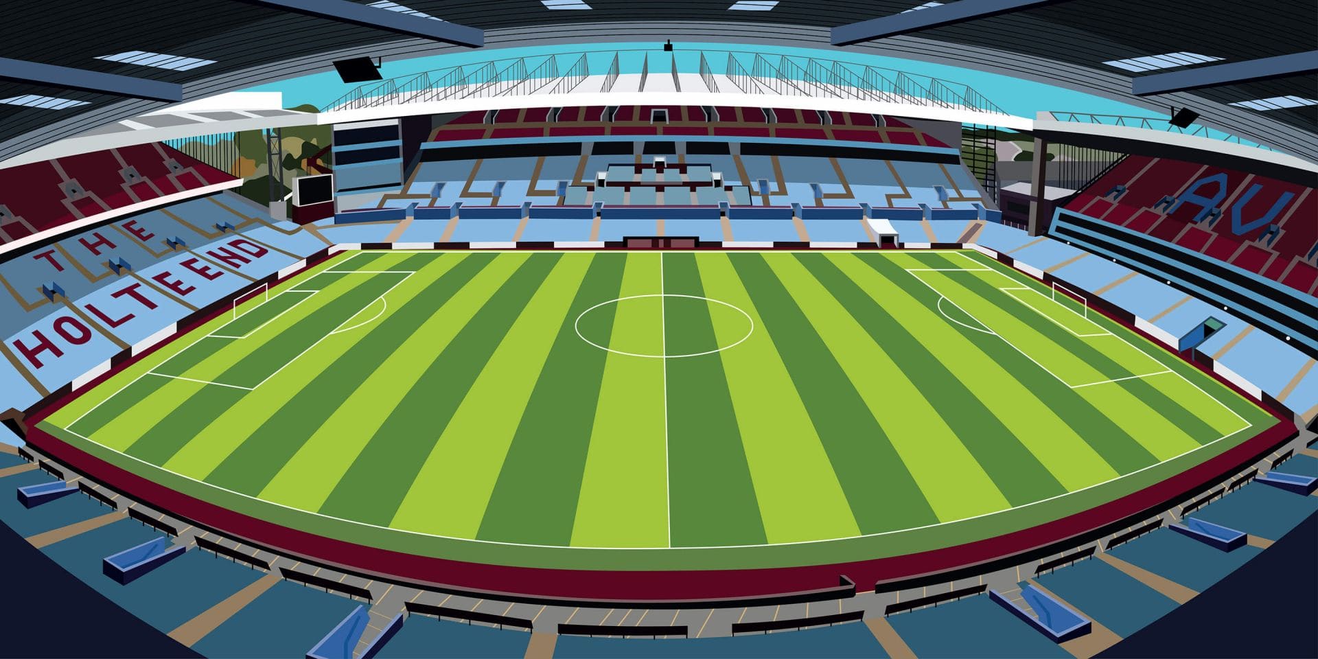 Terrain de football avec herbe rayée verte et jaune, sièges rouges, arrière-plan ciel bleu.